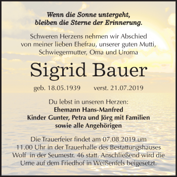 Traueranzeige von Sigrid Bauer von Mitteldeutsche Zeitung Weißenfels