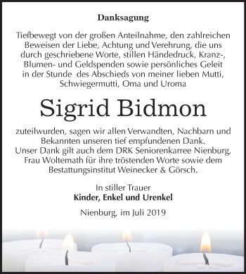 Traueranzeige von Sigrid Bidmon von Mitteldeutsche Zeitung Bernburg