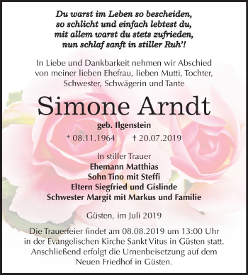 Traueranzeige von Simone Arndt von Mitteldeutsche Zeitung Aschersleben