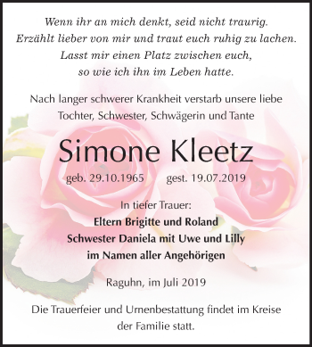 Traueranzeige von Simone Kleetz von Mitteldeutsche Zeitung Bitterfeld