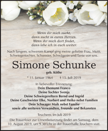 Traueranzeige von Simone Schunke von Wochenspiegel Weißenfels