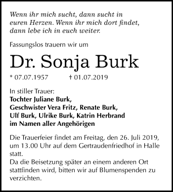 Traueranzeige von Sonja Burk von Mitteldeutsche Zeitung Halle/Saalkreis