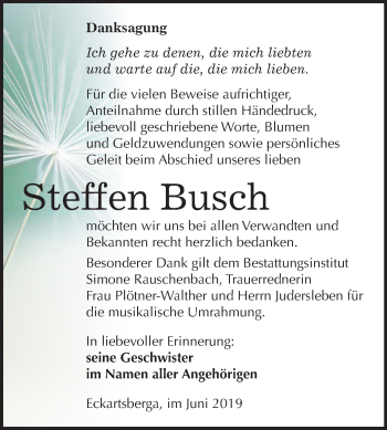 Traueranzeige von Steffen Busch von Wochenspiegel Naumburg/Nebra