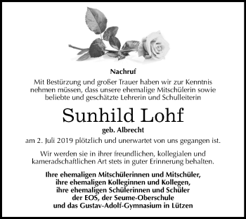 Traueranzeige von Sunhild Lohf von Wochenspiegel Weißenfels