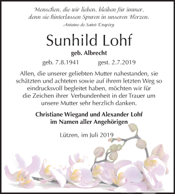 Traueranzeige von Sunhild Lohf von Super Sonntag Weißenfels