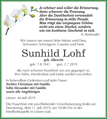 Traueranzeige von Sunhild Lohf von Wochenspiegel Weißenfels