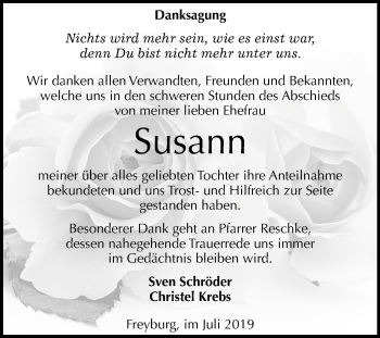Traueranzeige von Susann  von Wochenspiegel Naumburg/Nebra