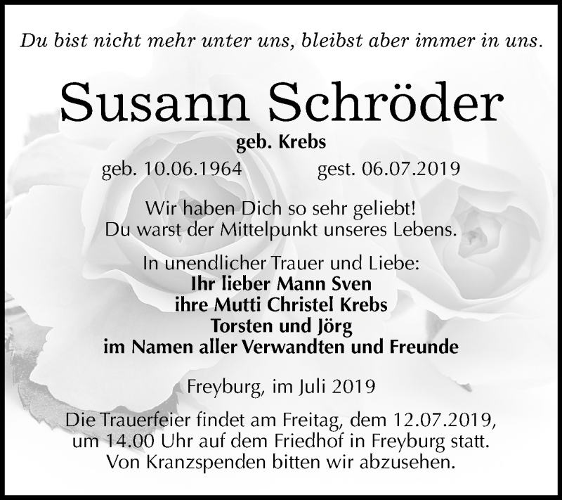  Traueranzeige für Susann Schröder vom 09.07.2019 aus Mitteldeutsche Zeitung Naumburg/Nebra