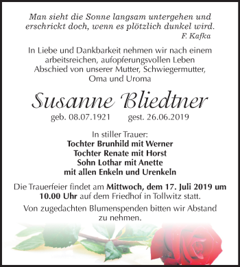 Traueranzeige von Susanne Bliedtner von Super Sonntag Merseburg/Querfurt