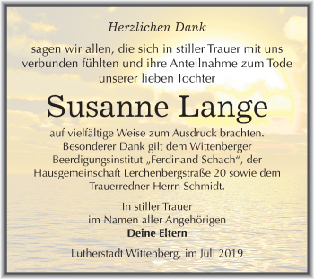 Traueranzeige von Susanne Lange von Super Sonntag Wittenberg