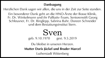 Traueranzeige von Sven  von Wochenspiegel Wittenberg