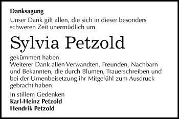 Traueranzeige von Sylvia Petzold von Wochenspiegel Bitterfeld