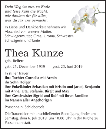Traueranzeige von Thea Kunze von Wochenspiegel Naumburg/Nebra / Weißenfels