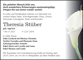 Traueranzeige von Theresia Stüber von Mitteldeutsche Zeitung Bernburg