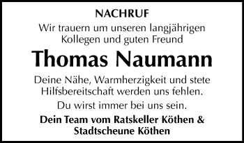 Traueranzeige von Thomas Naumann von Super Sonntag Köthen