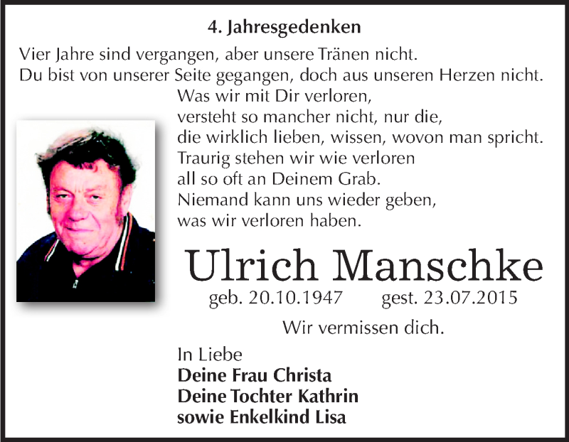  Traueranzeige für Ulrich Manschke vom 23.07.2019 aus Mitteldeutsche Zeitung Köthen