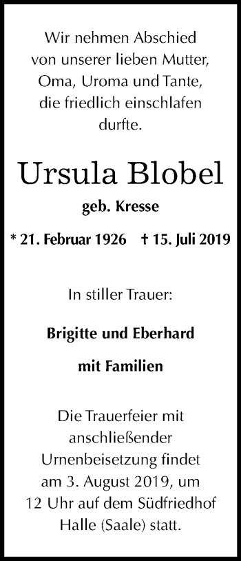 Traueranzeige von Ursula Blobel von Mitteldeutsche Zeitung Halle/Saalkreis