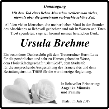 Traueranzeige von Ursula Brehme von Mitteldeutsche Zeitung Quedlinburg