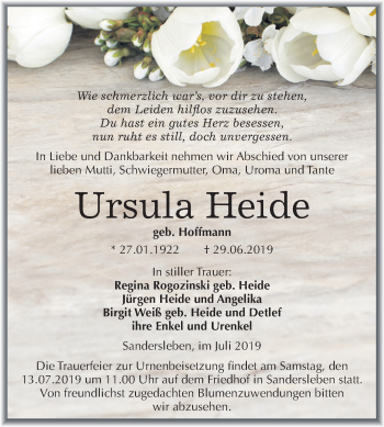 Traueranzeige von Ursula Heide von Mitteldeutsche Zeitung Mansfelder Land
