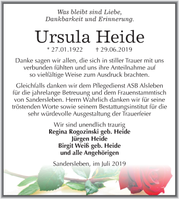 Traueranzeige von Ursula Heide von Wochenspiegel Mansfelder Land