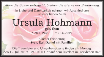 Traueranzeige von Ursula Hohmann von Mitteldeutsche Zeitung Mansfelder Land