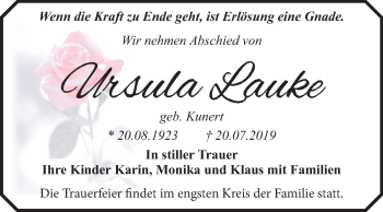 Traueranzeige von Ursula Lauke von Mitteldeutsche Zeitung Dessau-Roßlau