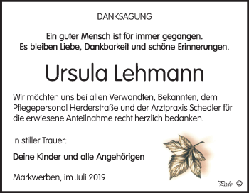Traueranzeige von Ursula Lehmann von Mitteldeutsche Zeitung Weißenfels