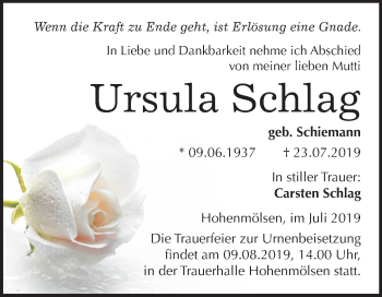 Traueranzeige von Ursula Schlag von Wochenspiegel Weißenfels