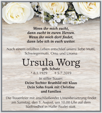 Traueranzeige von Ursula Worg von Mitteldeutsche Zeitung Halle/Saalkreis