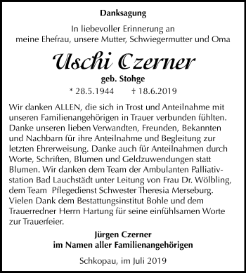 Traueranzeige von Uschi Czerner von Super Sonntag Merseburg/Querfurt