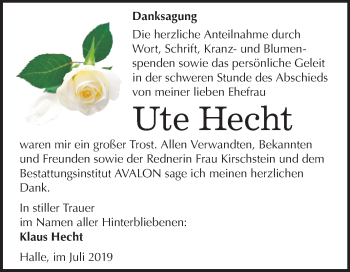 Traueranzeige von Ute Hecht von Mitteldeutsche Zeitung Halle/Saalkreis