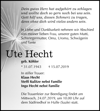 Traueranzeige von Ute Hecht von Mitteldeutsche Zeitung Halle/Saalkreis