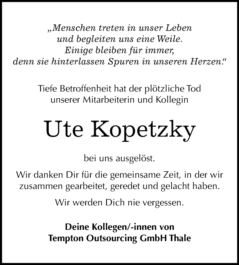  Traueranzeige für Ute Kopetzky vom 20.07.2019 aus Super Sonntag Quedlinburg