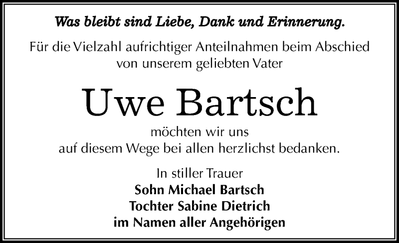  Traueranzeige für Uwe Bartsch vom 20.07.2019 aus Super Sonntag Zeitz