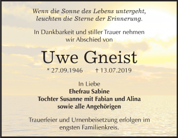 Traueranzeige von Uwe Gneist von Super Sonntag Bernburg