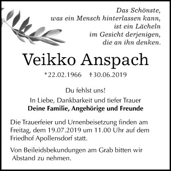Traueranzeige von Veikko Anspach von Mitteldeutsche Zeitung Wittenberg