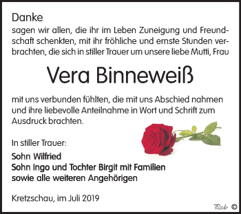 Traueranzeige von Vera Binneweiß von Mitteldeutsche Zeitung Zeitz