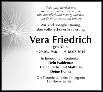 Traueranzeige von Vera Friedrich von Super Sonntag Wittenberg