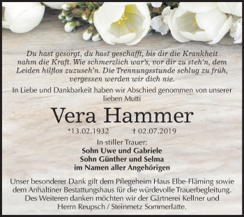Traueranzeige von Vera Hammer von Mitteldeutsche Zeitung Dessau-Roßlau