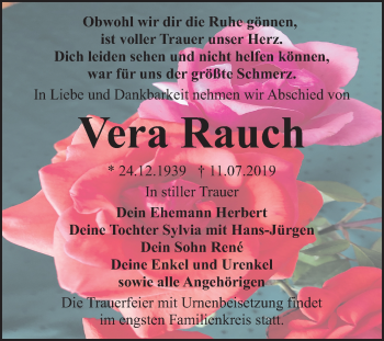 Traueranzeige von Vera Rauch von Mitteldeutsche Zeitung Bitterfeld