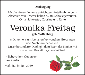 Traueranzeige von Veronika Freitag von Super Sonntag Zeitz