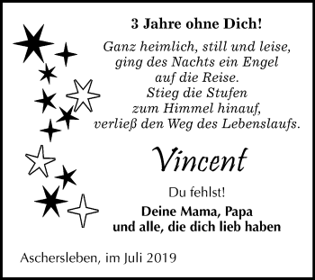 Traueranzeige von Vincent  von Mitteldeutsche Zeitung Aschersleben
