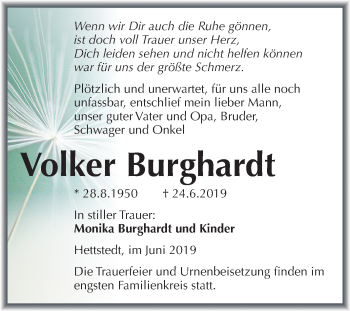 Traueranzeige von Volker Burghardt von Mitteldeutsche Zeitung Mansfelder Land