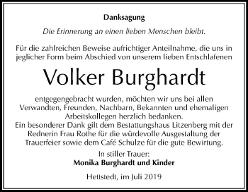 Traueranzeige von Volker Burghardt von Mitteldeutsche Zeitung Mansfelder Land