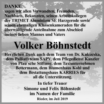Traueranzeige von Volker Böhnstedt von Super Sonntag Quedlinburg