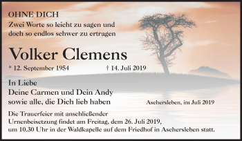 Traueranzeige von Volker Clemens von Mitteldeutsche Zeitung Aschersleben