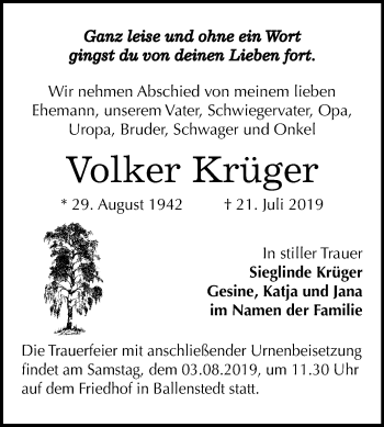 Traueranzeige von Volker Krüger von Mitteldeutsche Zeitung Quedlinburg