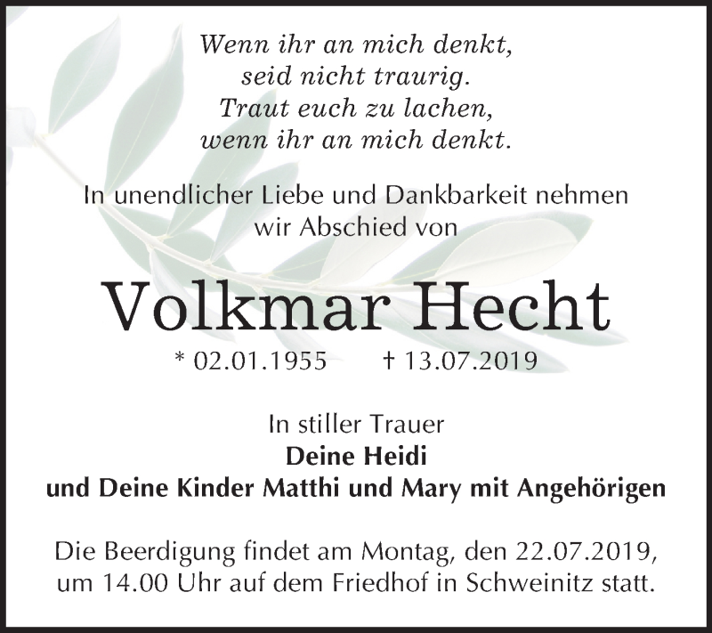  Traueranzeige für Volkmar Hecht vom 20.07.2019 aus Super Sonntag Wittenberg