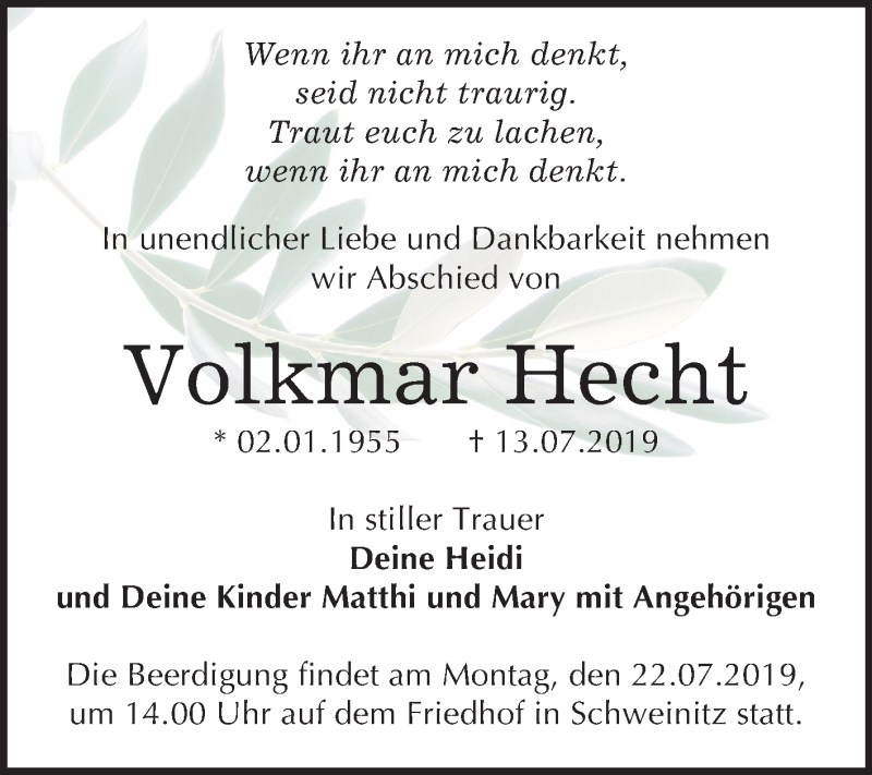  Traueranzeige für Volkmar Hecht vom 18.07.2019 aus Mitteldeutsche Zeitung Wittenberg