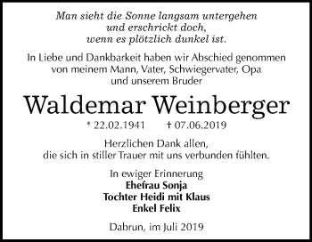 Traueranzeige von Waldemar Weinberger von Super Sonntag Wittenberg